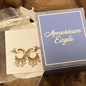 American Eagle Hoops with Pearl Drops Dangles Earrings Post Gold Tone Hoop